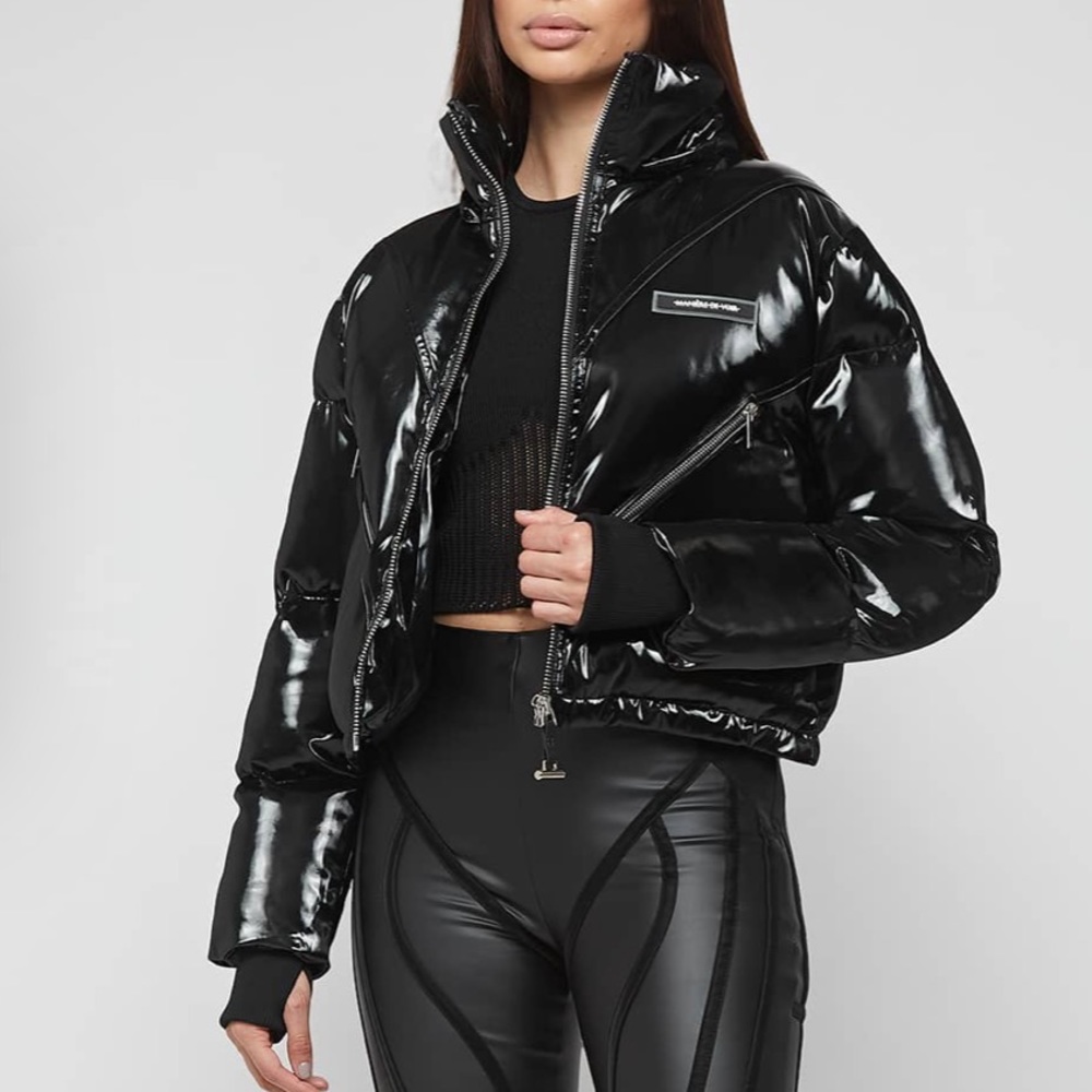 NWT Maniére De Voir Black High Shine Cropped Puffer Jacket